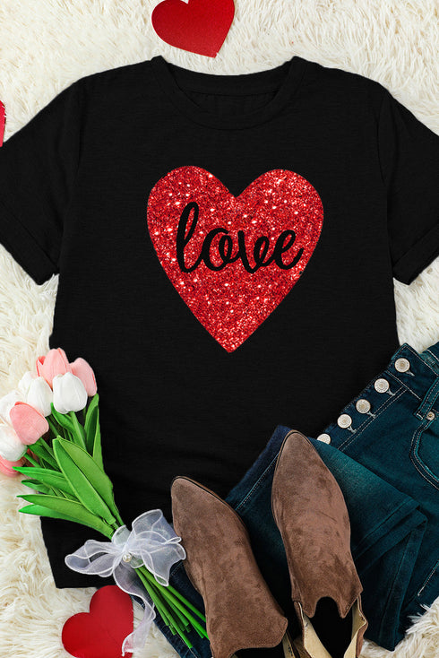 Black Love Heart Shaped Glitter Print Short Sleeve T Shirt